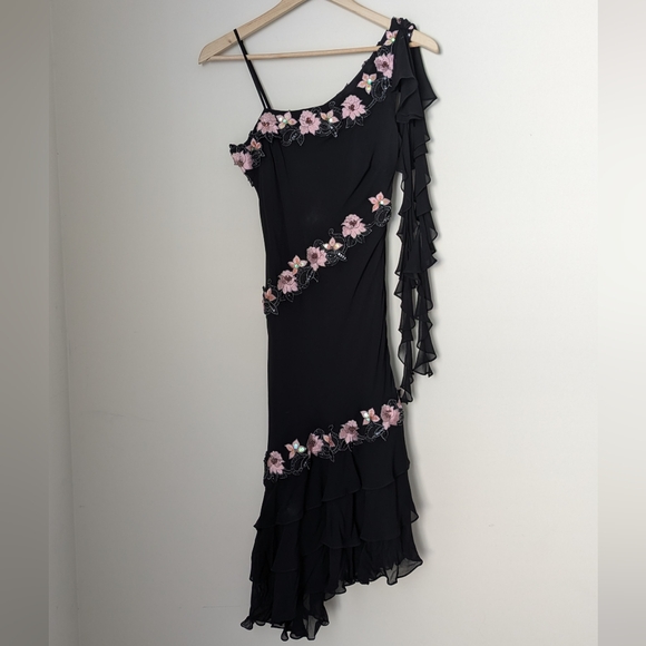 Cache Dresses & Skirts - Vintage Cache Black Pink Silk Asymmetrical Floral Beaded Slip Dress